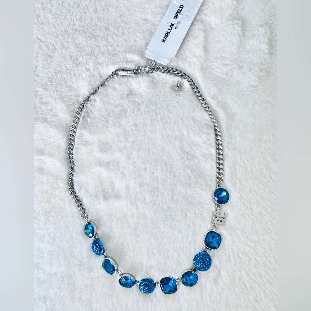 Karl Lagerfeld Blue Crystal Silver Chain Necklace - NWT - Picture 2 of 7